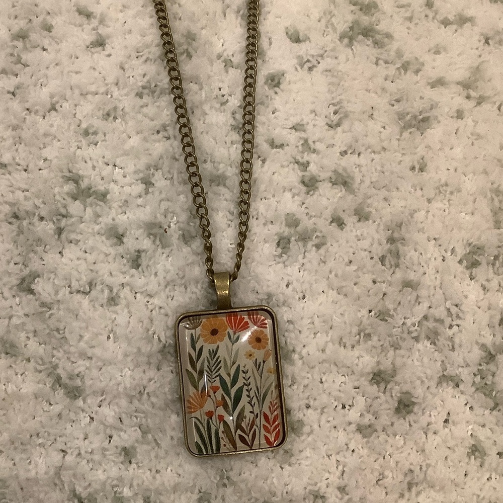 Autumn Floral Garden Glass Cabashon Pendant Necklace NWT Handcrafted 22”